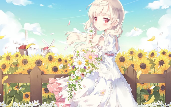 Konachan.com - 101851 blonde_hair cafe_sourire dress flowers nyanya ogiwara_kyouko petals red_eyes summer_dress sunflower